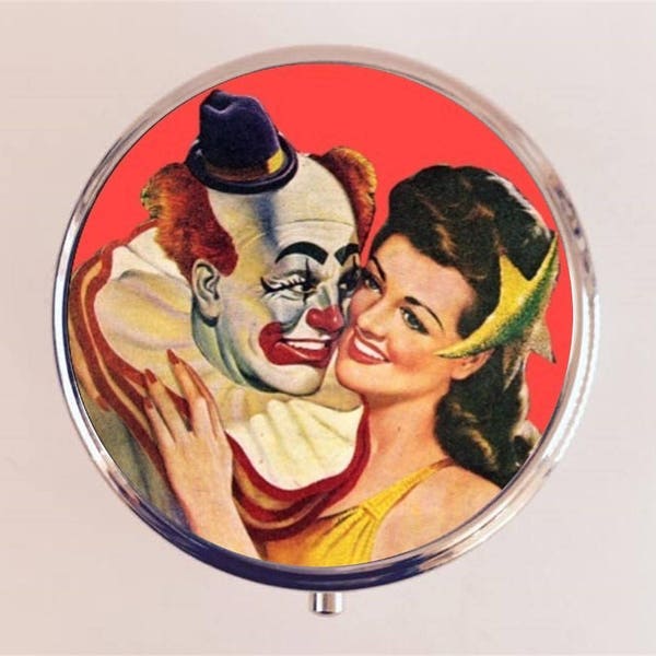 Clown Romance Pill Box Case Pillbox Holder Pulp Fiction Retro Kitsch