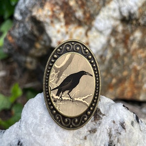 Crow Woodblock Antiqued Bronze Adjustable Ring Japanese Raven Black Bird Brass