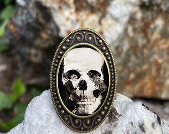 Skull Illusion Two Women Antiqued Bronze Adjustable Ring Goth Gothic Memento Mori Brass
