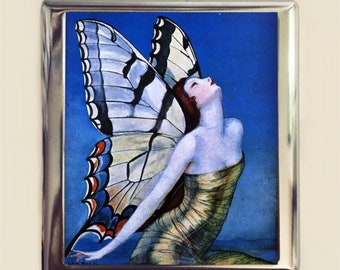 Flapper Butterfly Cigarette Case Business Card ID Holder Wallet Art Deco 1920s Jazz Age Butterflies Illustration