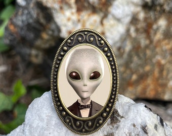 Victorian Alien Man Ring Antiqued Bronze Adjustable Surrealism UFO Brass