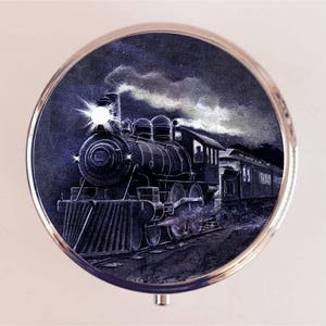Train Locomotive Pill Box Case Pillbox Holder Trinket Railroad Americana Pop Art