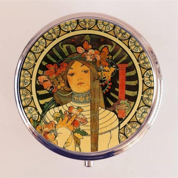 Alphonse Mucha Pill Box Case Pillbox Holder Trinket Box Art Nouveau Boho Flower Bouquet