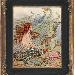 Fantasy Mermaid Art Print 8 x 10 Art Deco Nouveau Storybook Nautical Siren Mermaids Ocean Beach House Wall Art Whimsical image 1