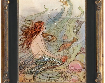 Fantasy Mermaid Art Print 8 x 10 - Art Deco Nouveau Storybook Nautical Siren Mermaids Ocean Beach House Wall Art Whimsical