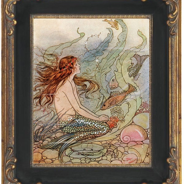 Fantasy Mermaid Art Print 8 x 10 - Art Deco Nouveau Storybook Nautical Siren Mermaids Ocean Beach House Wall Art Whimsical