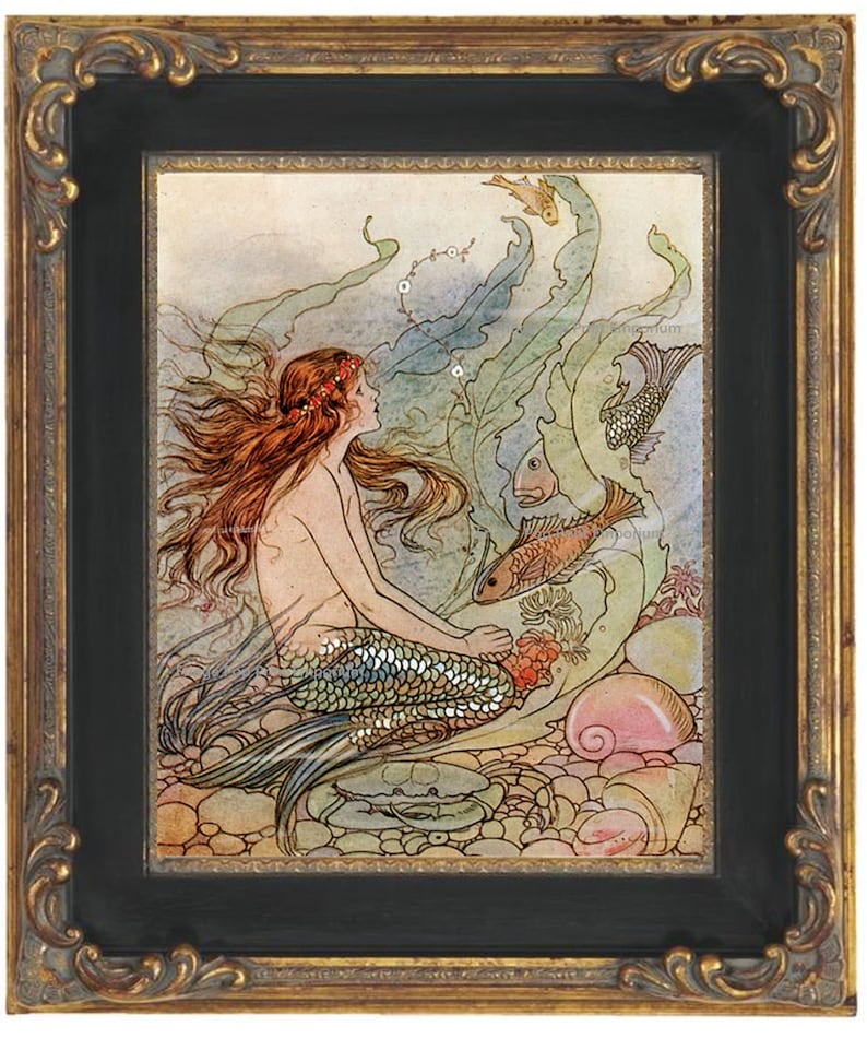 Fantasy Mermaid Art Print 8 x 10 Art Deco Nouveau Storybook Nautical Siren Mermaids Ocean Beach House Wall Art Whimsical image 1