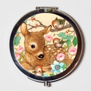 Deer Compact Mirror - Woodland Creatures Retro Kitsch Kawaii Animal Art Whimsical - Make Up Pocket Mirror for Cosmetics