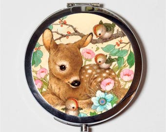 Deer Compact Mirror - Woodland Creatures Retro Kitsch Kawaii Animal Art Whimsical - Make Up Pocket Mirror for Cosmetics