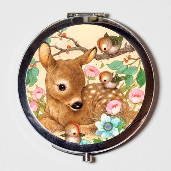 Herten Compact Mirror - Woodland Creatures Retro Kitsch Kawaii Animal Art Grillig - Make-up Pocket Mirror voor cosmetica