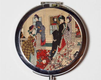 Japanese Woodblock Compact Mirror - Japan Women Asian Art - Make Up Pocket Mirror for Cosmetics