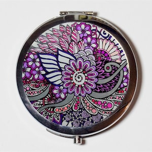 Purple Flower Compact Mirror - Floral Flowers Mod Retro Style - Make Up Pocket Mirror for Cosmetics