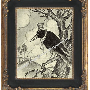 Whimsical Hobo Raven Crow Art Print 8 x 10 -  in Tree Wearing Hat