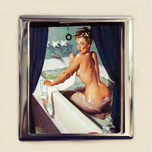 Pin Up Bath Cigarette Case Business Card ID Holder Wallet Pinup Girl Bathing Retro 1950s