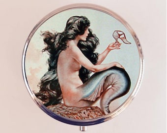 French Mermaid Pill Box Case Pillbox Holder Trinket Parisian Art Deco Flapper Nautical Siren