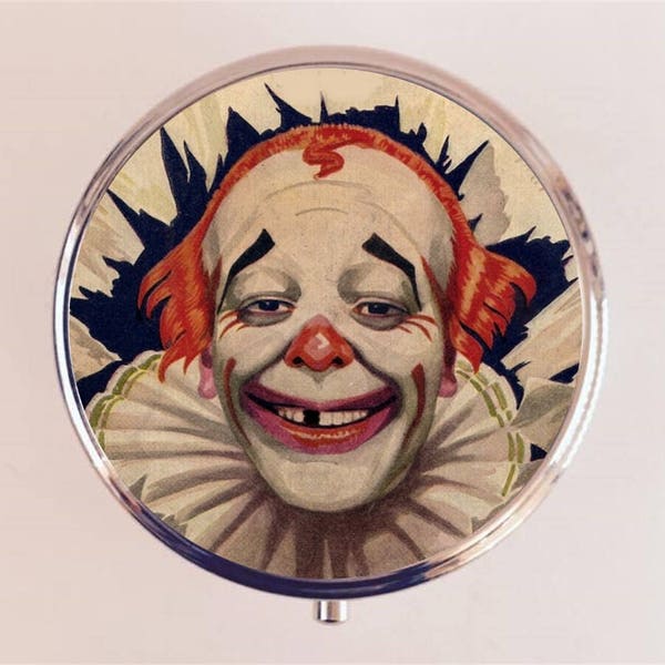 Circus Clown Pill Box Case Pillbox Holder Trinket Retro Clowns Illustration Kitsch