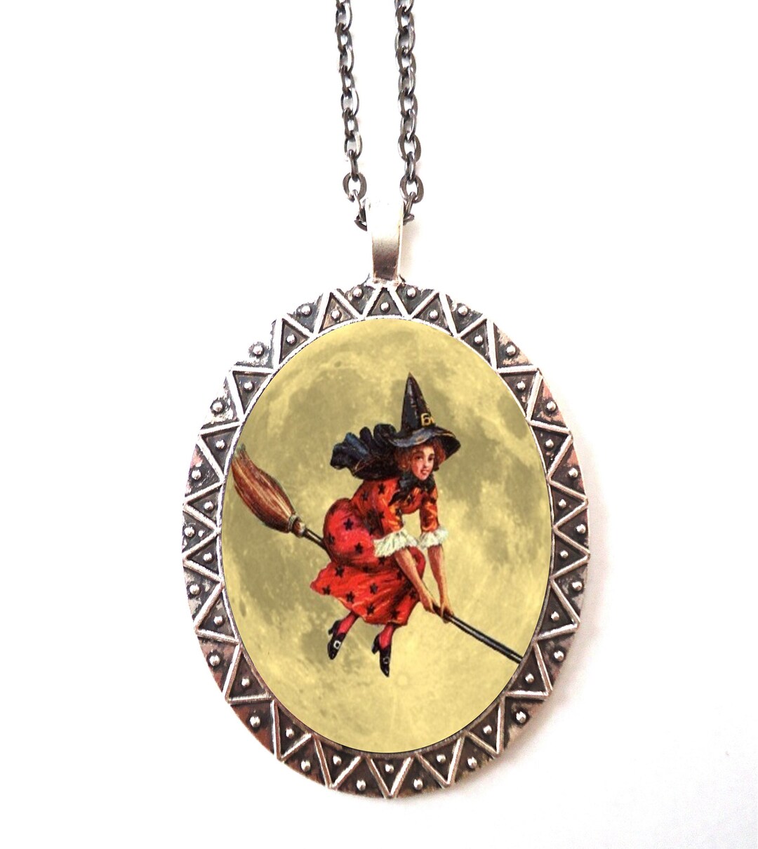 Victorian Witch Necklace Pendant Silver Tone - Antique Halloween Image ...