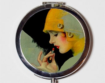 Flapper Putting Lipstick Compact Mirror - Art Deco 1920's Jazz Age Roaring 20s Portrait Elegant - Make Up Pocket Mirror for Cosmetics