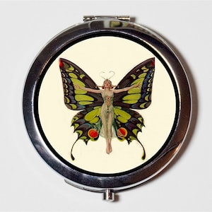 Art Deco Butterfly Compact Mirror - Flapper 1920's Jazz Age Roaring 20s Butterflies - Make Up Pocket Mirror for Cosmetics