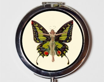 Art Deco Butterfly Compact Mirror - Flapper 1920's Jazz Age Roaring 20s Butterflies - Make Up Pocket Mirror for Cosmetics