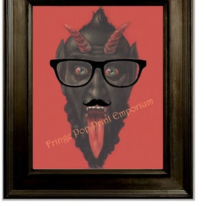 Hipster Krampus Art Print 8 x 10 with Glasses and Mustache - Altered Art - Devil Humor