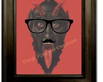 Hipster Krampus Art Print 8 x 10 with Glasses and Mustache - Altered Art - Devil Humor
