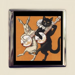 Black Cat and Rabbit Banjo Cigarette Case Business Card ID Holder Wallet Retro Advertisement Vintage