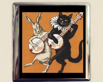 Black Cat and Rabbit Banjo Cigarette Case Business Card ID Holder Wallet Retro Advertisement Vintage