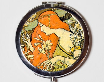 Paul Berthon Compact Mirror - Redhead Nouveau Boho Bohemian Gypsy  - Make Up Pocket Mirror for Cosmetics