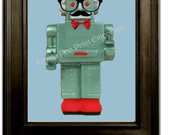 Hipster Robot Art Print 8 x 10 avec des lunettes, moustache & noeud papillon - Geek - Nerd - humour - excentrique - Sci Fi - techno