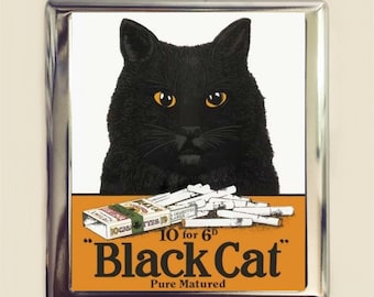 Black Cat Ad Cigarette Case Business Card ID Holder Wallet Retro Advertisement Vintage