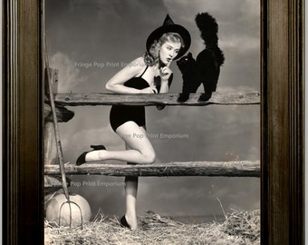 Retro Pin Up Witch Art Print 8 x 10 - With Black Cat - Pinup Kitsch Rockabilly 50s 1950s Pinup Halloween