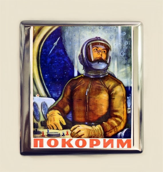 Soviet Union USSR Cigarette Case Business Card ID Holder Wallet Communist  Astronaut Propaganda Russia Space Race Cosmonaut