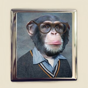 May include: A chimpanzee wearing a blue and black sweater and brown-rimmed glasses. The chimpanzee is looking directly at the camera.
