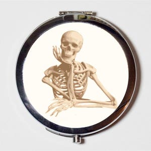 Skeleton Thinking Compact Mirror - Skull Goth Macabre Oddity - Make Up Pocket Mirror for Cosmetics