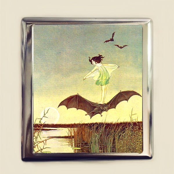 Bat Rider Cigarette Case Business Card ID Holder Wallet Girl Riding Bat Storybook Illustration Goth