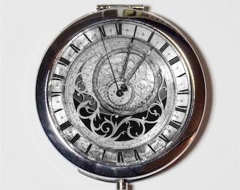 Victorian Steampunk Clock Compact Mirror - Astro Sci Fi Industrial - Make Up Pocket Mirror for Cosmetics