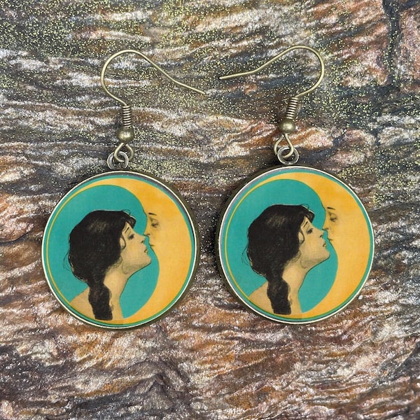 Moon Kiss Bronze Earrings | Lightweight | Man in the Moon | Art Deco Inspired | Gifts for Romantics