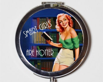 Pin Up Nerd Compact Mirror - Smart Girls are Hotter Reading is Sexy Pinup Rockabilly- Make Up Pocket Mirror for Cosmetics