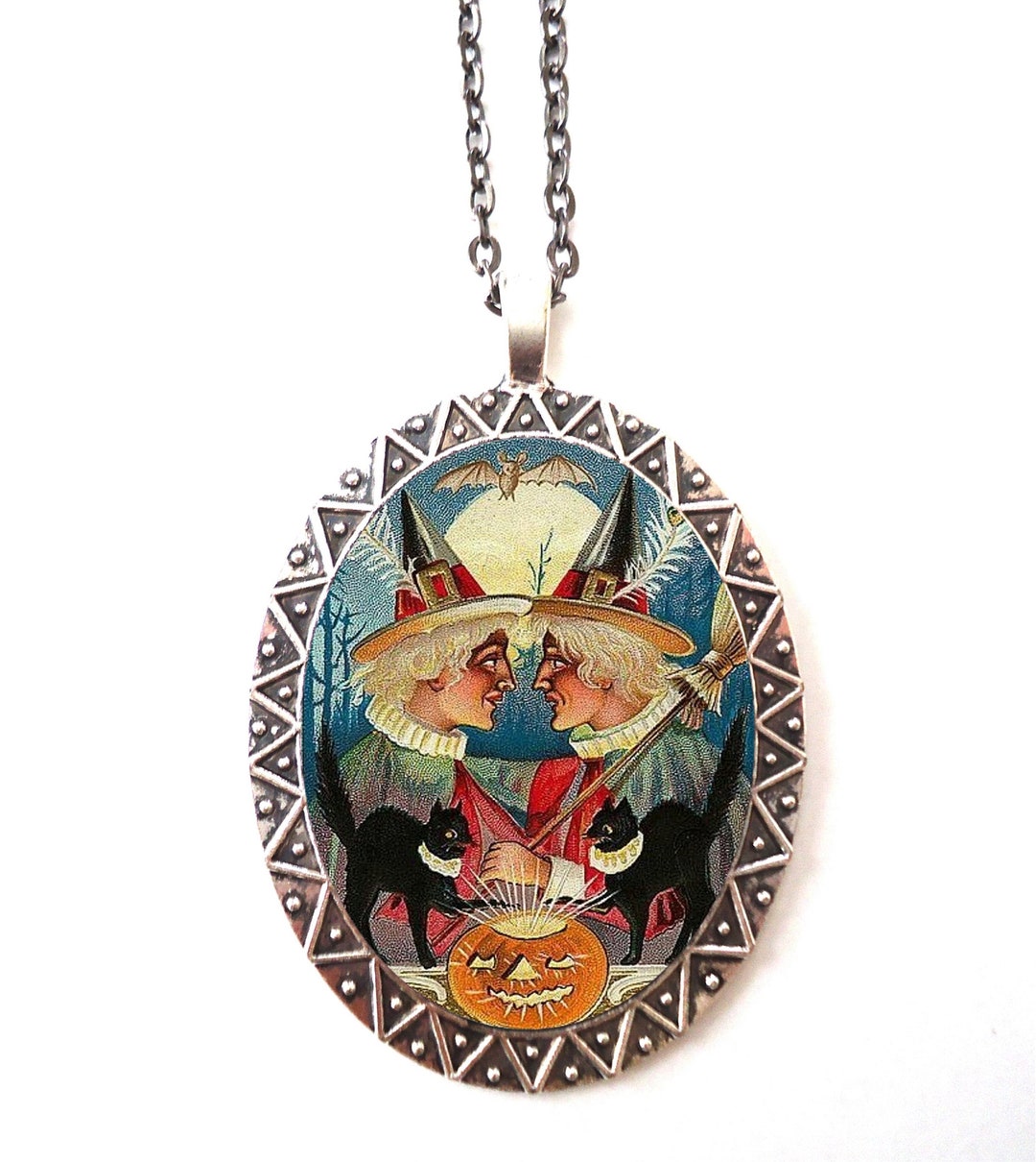 Victorian Witch Necklace Pendant Silver Tone - Witches Black Cat ...