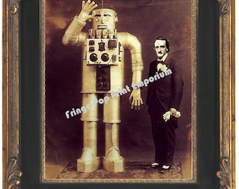 Edgar Allan Poe With Robot - Art Print 8 x 10 - Cabinet Card Style - Victorian Steampunk  - Goth