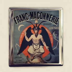 May include: A vintage poster depicting a red-skinned, horned, goat-like figure with wings, sitting on a throne. The figure is labeled "Baphomet" and is surrounded by text in French, including "Franc-Maconnerie" and "Leo Taxil".