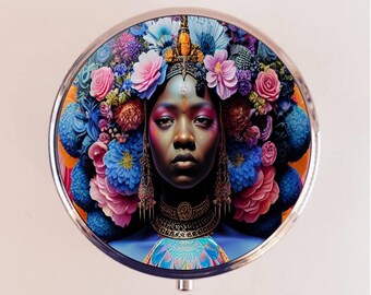 African American Blue Goddess Pill Box Case Pillbox Holder Trinket Box Flower Woman Floral