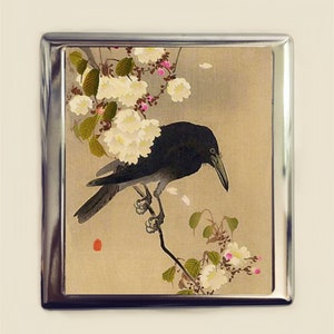 Crow Cherry Blossom Cigarrillo Caso Tarjeta de Visita Titular de la Identificación Monedero Japonés Woodblock Sakura Japón Arte Asiático