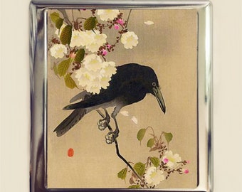 Crow Cherry Blossom Cigarette Case Business Card ID Holder Wallet Japanese Woodblock Sakura Japan Asian Art