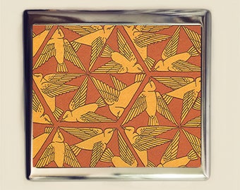 Art Nouveau Bird Cigarette Case Business Card ID Holder Wallet Birds Geometric Pattern Deco