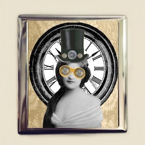 Victorian Steampunk Woman Cigarette Case Business Card ID Holder Wallet Pop Surrealism Altered Art Edwardian