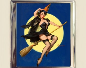 Pin Up Witch Cigarette Case Business Card ID Holder Wallet Pinup Girl Retro 1950s Halloween