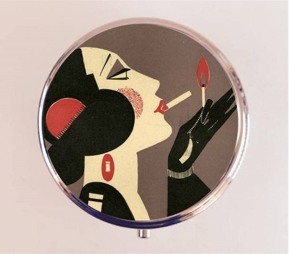 cigarette pill case Flapper Smoking Box Pillbox Holder Trinket Art Deco Portrait Painting 1920s Jazz Age BESULEN Car Lighter Shape Secret