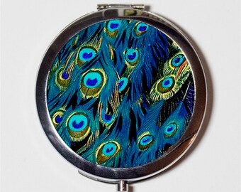 Peacock Art Deco Compact Mirror - Beautiful Bird with Feathers Version Two - Make Up Pocket Mirror for Cosmetics